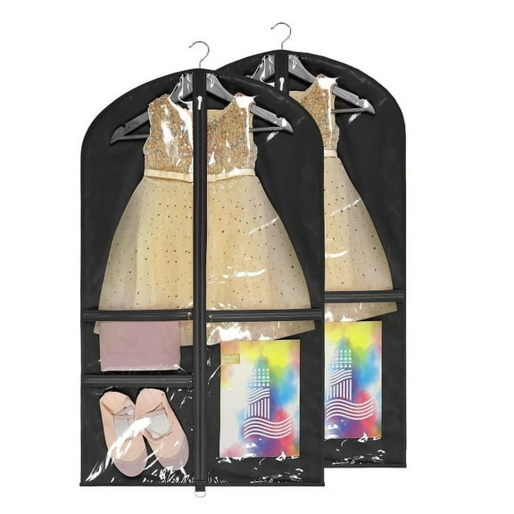 Dance Costume Bags Garment Bag 40 Inch Hanging Clothes for Dance Competitions, with 3 Medium Clear Zipper Pockets for Dance Costumes, Closet Storage (Black) - 2 Pack