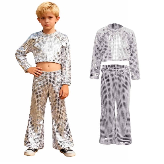 Dance for Girls Sequin Silver Dance Long Sleeve Crop Top and Flared Pants Outfit Set Hop Dance Outfits for Girls Street Dance Outerwear