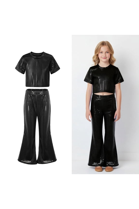 Dance for Girls Sparkly Black Dance Short Sleeve Top and Flared Pants Two Piece Outfit Set School Dance Dresses Performance Dancewear 8-9 Years