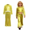 thumbnail image 1 of Dance for Girls Sequin Gold Dance Long Sleeve Crop Top and Flared Pants Outfit Set 90s Outfit for Kids Stage Performance Outerwear, 1 of 6