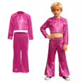 thumbnail image 1 of Dance for Girls Sequin Pink Dance Long Sleeve Crop Top and Flared Pants Outfit Set Kids 80s Outfits for Girls Performance Dancewear, 1 of 6