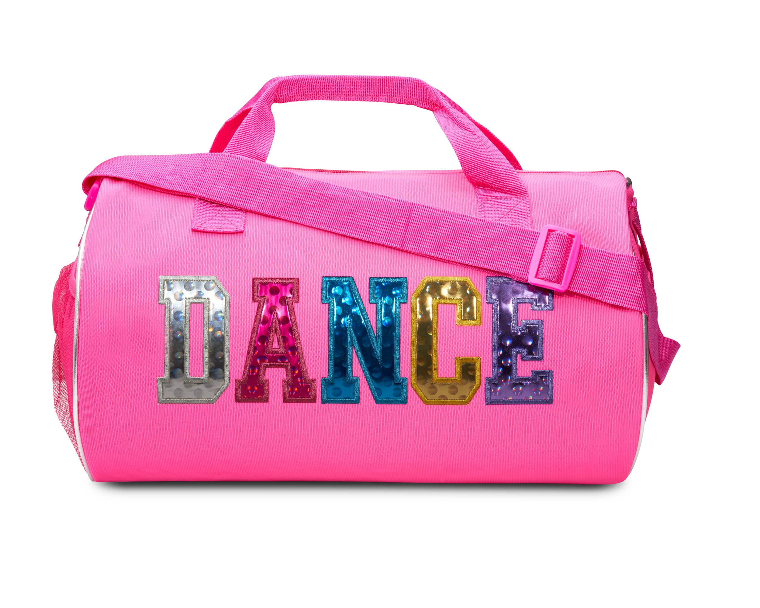 Dance Duffle Bag for Girls Water resistant Kids Travel Bag with Adjustable Carry On and Handy Pouch Dance Accessories For Girls Fuchsia Multi