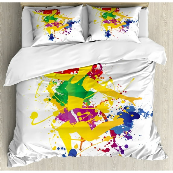 Dance Duvet Cover Set Queen Size, Red Haired Fitness Girl Colorful Ink Splatter Effect Rainbow Colors Splashed Design, 3 Piece Bedding Set with 2 Pillow Shams, Multicolor, by Ambesonne