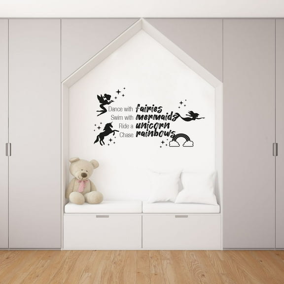 Dance With Fairies Swim With Fairies Ride A Unicorn Chase Rainbows Cute Vinyl Wall Art Wall Sticker Decal Home Wall Decoration Design Kids Room Nursery Kinder Girls Boys Room Size (20x20 inch)