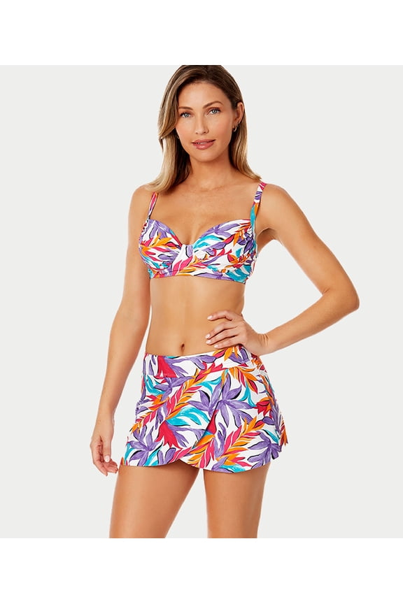 WHITE PALM PRINT Dance Floor Palm Shirred Bikini Swim Top, US 38C/40B