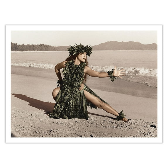 Dance of the Honu (Turtle) - Hawaiian Hula Dancer - Vintage Hand Colored Photograph by Alan Houghton c.1960s - Bamboo Fine Art 290gsm Paper Print (Unframed) 24x32in