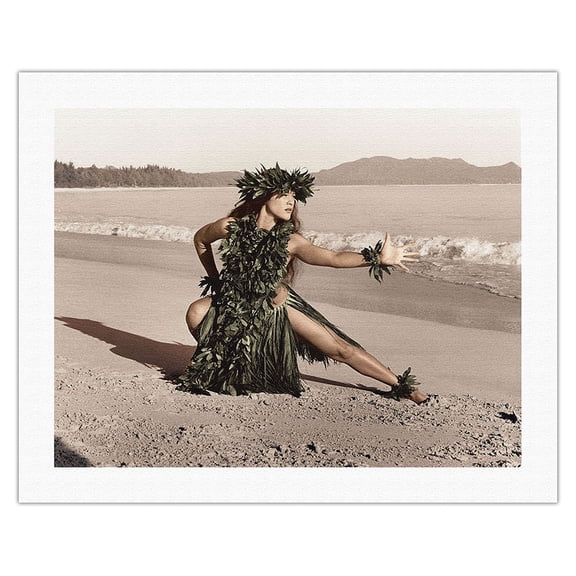 Dance of the Honu (Turtle) - Hawaiian Hula Dancer - Vintage Hand Colored Photograph by Alan Houghton c.1960s - Fine Art Rolled Canvas Print 20in x 26in