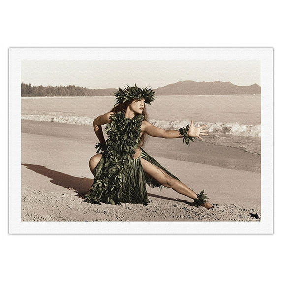 Dance of the Honu (Turtle) - Hawaiian Hula Dancer - Vintage Hand Colored Photograph by Alan Houghton c.1960s - Fine Art Rolled Canvas Print 27in x 40in