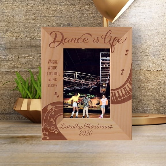 Dance Is Life Where Words Leave Off Music Begins Personalized Wooden Frame 3 1/2" x 5" Brown (Vertical)