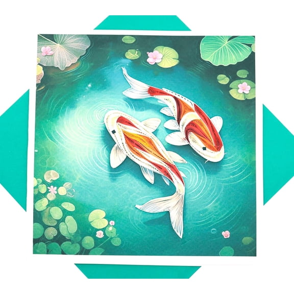 Dance of the Koi, Quilling Card 3D - Unique Dedicated Handmade, Design Greeting Card for Birthday, Valentine's Day, Mothers Day, Spring, Fathers Day, Graduation, Wedding, Anniversary, Thank You, Get