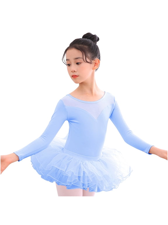 Dance Leotard for Girls 4-16 Dance Dress Outfit Combo with Skirt Long Sleeve Slimming Ballet Skinny Gymnastics Dancewear, Blue, 11 Years