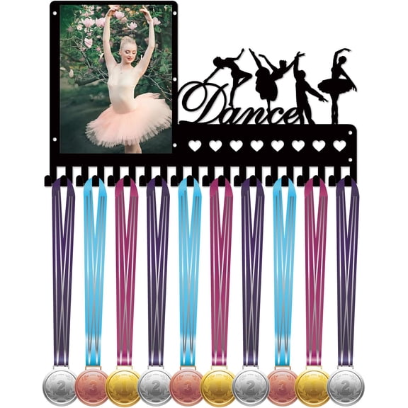 Dance Medal Holder Display Award Ribbon Hanger with Photo Frame Metal Sports Hanging Athlete Awards Wall Mount with 20 Separate Hooks for Dancers Competition Ribbon Black 16.5x9.8Inch