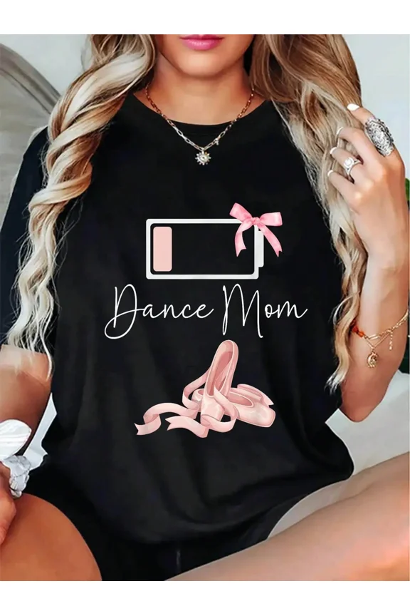 Dance Mom Funny Low Battery Ballet Slippers Graphic Tee, Women's Casual Short Sleeve Fashion Top, Retro Pink Bow Pointe Shoes Dancer Mother Gift Shirt, Aesthetic Athletic Mom Apparel