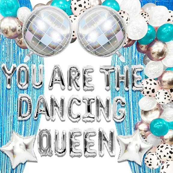 Dance Queen Theme Party Decoration Set - Disco Ball, Blue and Silver Fringe, Glitter Balloons for Birthday and Girlfriends' Gathering Backdrop