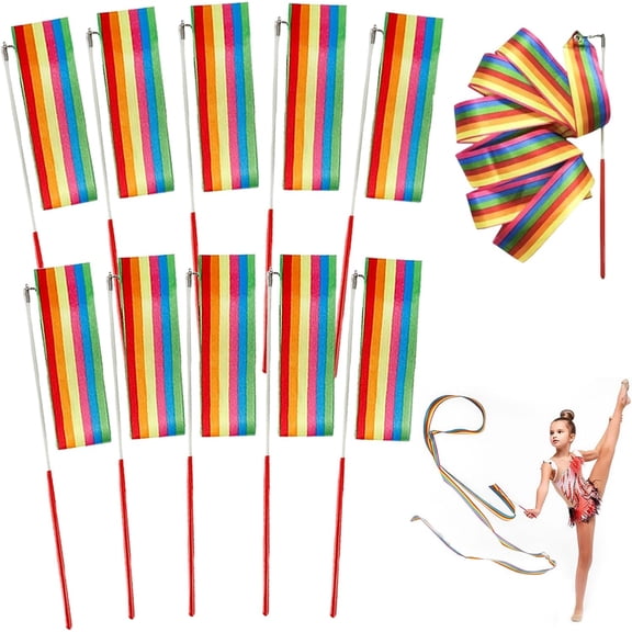 Dance Ribbons, 10 Pack Rainbow Gymnastics Ribbon Wands For Kids Dancer, Fits Artistic Dancing Gymnastics, Circus Carnival Shows, Talent Shows Dance Floor Party Props