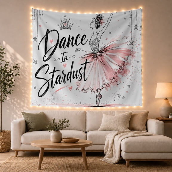 Dance In Stardust Ballerina with Crown, Stars and Pink Hearts, Dreamy Illustration for Dance Lovers, Ballet Wall Decor, Graduation Gift, Tapestry Wall Hanging for Bedroom and Dorm