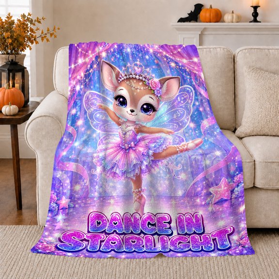 Dance Starlight Fairy Ballerina Fawn Design Magical Purple, Mystical Fantasy Scene, Warm Flannel Blanket for Living Room and Bedroom, Art Lovers Housewarming Gift, Fantasy Home Decor