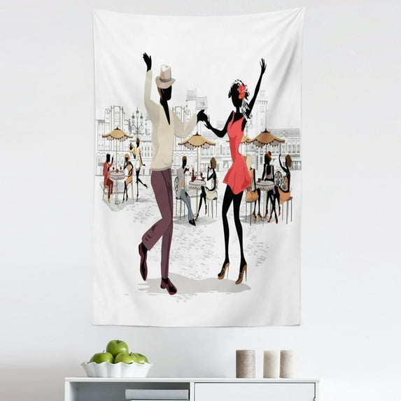 Dance Tapestry, Street Dancers Parisian Cafe Street Romantic Aura Modern Illustration Print, Fabric Wall Hanging Decor for Bedroom Living Room Dorm, 5 Sizes, White and Multicolor, by Ambesonne