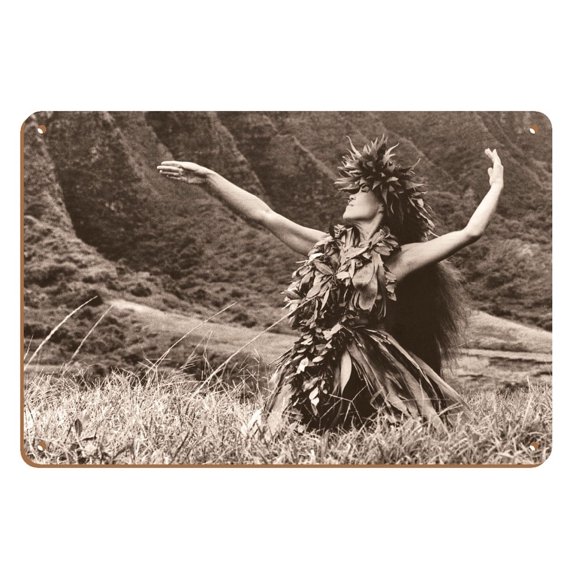 Dance To Pele - Hawaiian Hula Dancer - Vintage Sepia Toned Photograph by Alan Houghton c.1960s - 8 x 12 inch Vintage Wood Art Sign