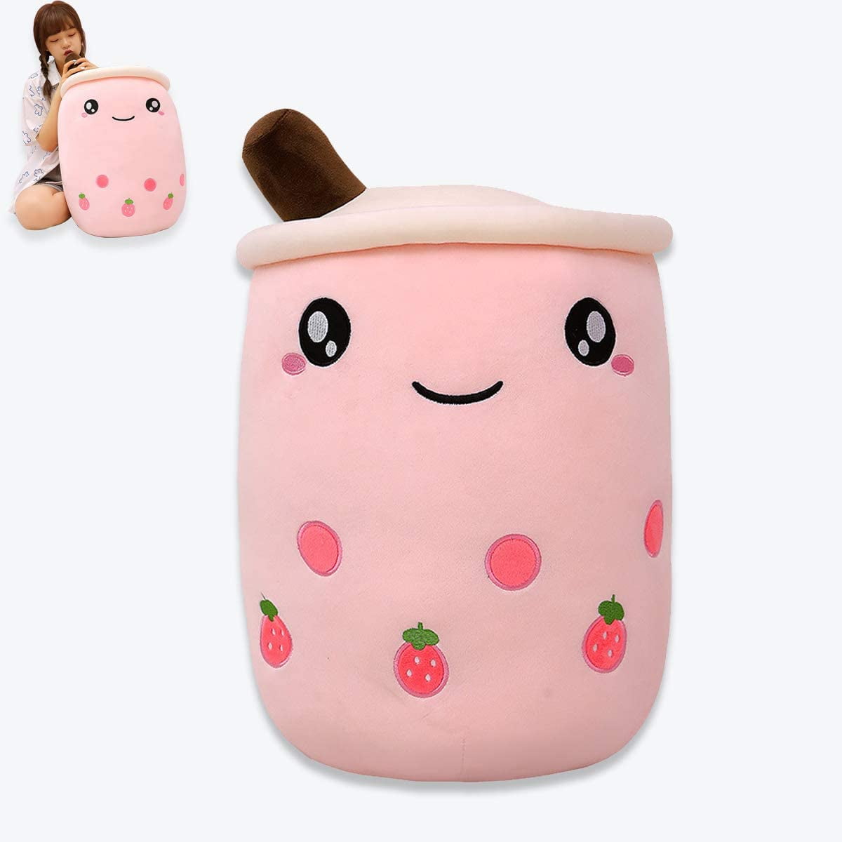 Homgreen Boba Tea Plush Stuffed Bubble Tea Plushie Cartoon Soft Strawberry  Milk Tea Cup Pillow Home Hugging Gift for Kids Pink 19.6 inch 
