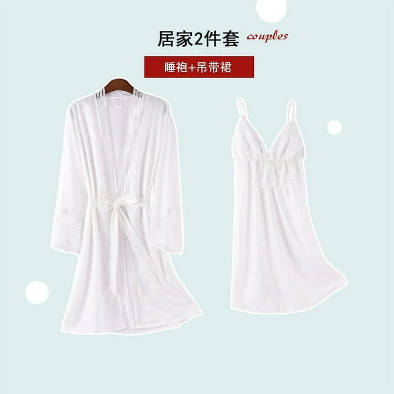 2PCS Kimono Robe Set Women Lace Satin Bathrobe Gown Summer Nightwear Sexy  Print Sleepwear Nightgown Lounge