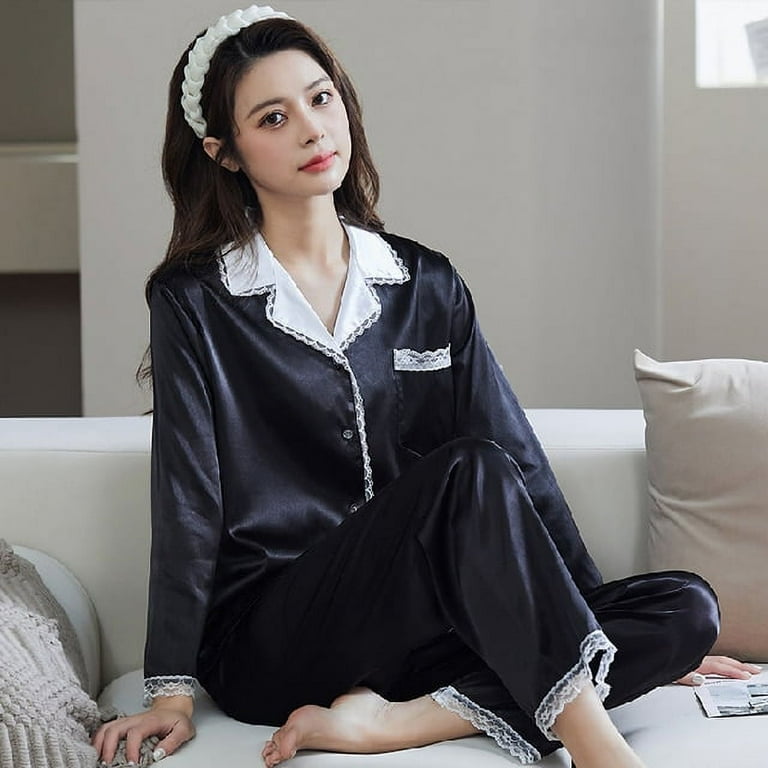 DanceeMangoo 2 Piece Women Set Spring Autumn Long Sleeve Pajamas for Woman Fashion Silk Sleepwear Home Cloth Lace Soft Trousers Satin Pajama Walmart