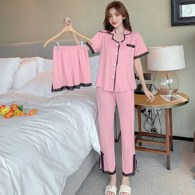 DanceeMangoo 3PCS Pajama Sets Women Short Sleeve Solid Cotton Loose Breathable Soft Oversized Womens Korean Style Home Clothing Comfortable Walmart