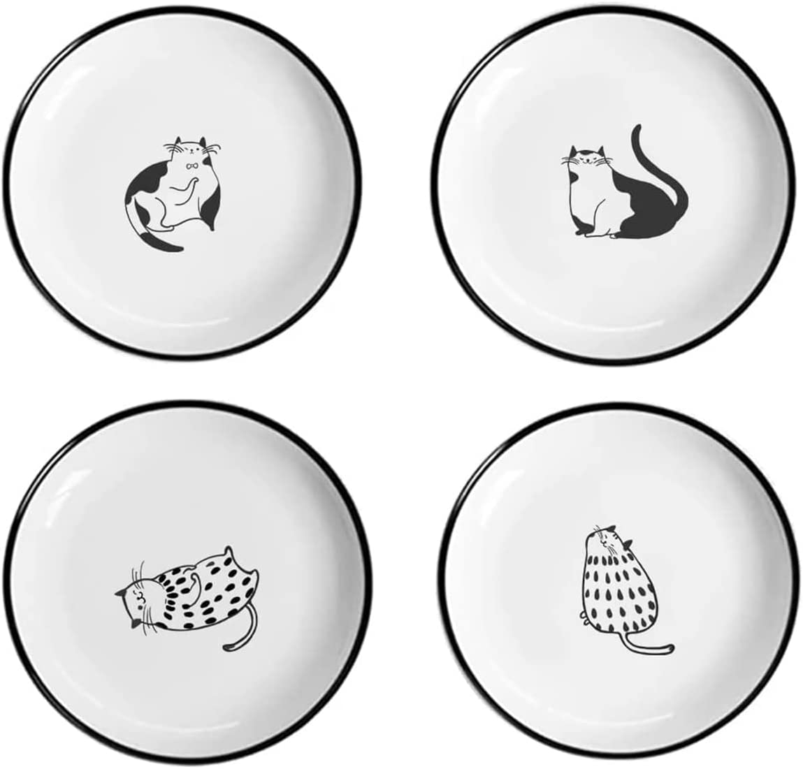 DanceeMangoo 4pcs Porcelain Dessert Plate, 5Inch Snack Plate Cupcake Tray, Cute Cat Pattern