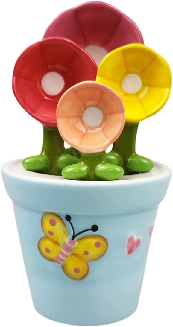 4Pcs Porcelain Measuring Spoons Set with Base Cute Cactus Shape