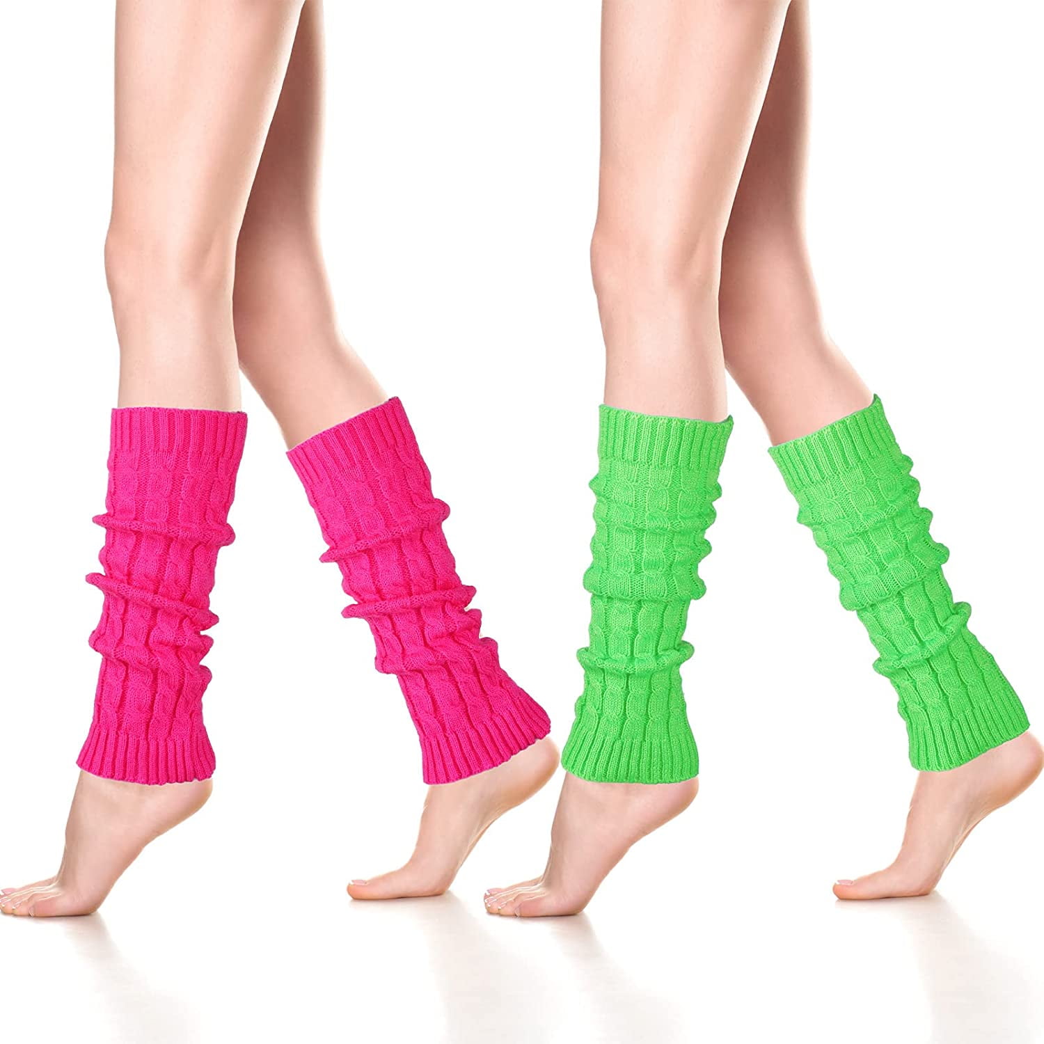 DanceeMangoo 80s Neon Leg Warmers for Women 2 Pairs Thigh High Cable Knit Leg  Warmers Knitted Boot Leg Warmers Hot Pink Green Knee Leg Warmers for Women  Girls Costume 