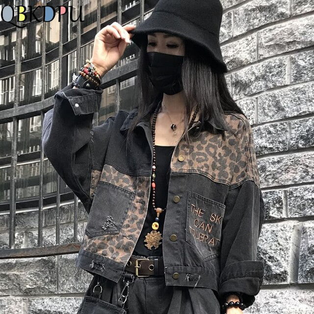 DanceeMangoo Autumn Vintage Black Leopard Women Denim Jacket Spring  Harajuku Punk Jean Jackets Coat Boyfriend Loose Pocket Fashion Streetwear