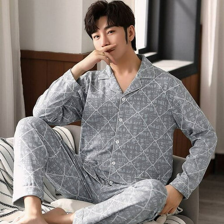 DanceeMangoo Men Sleepwear Set Short Sleeve Long Pant Male, 44% OFF