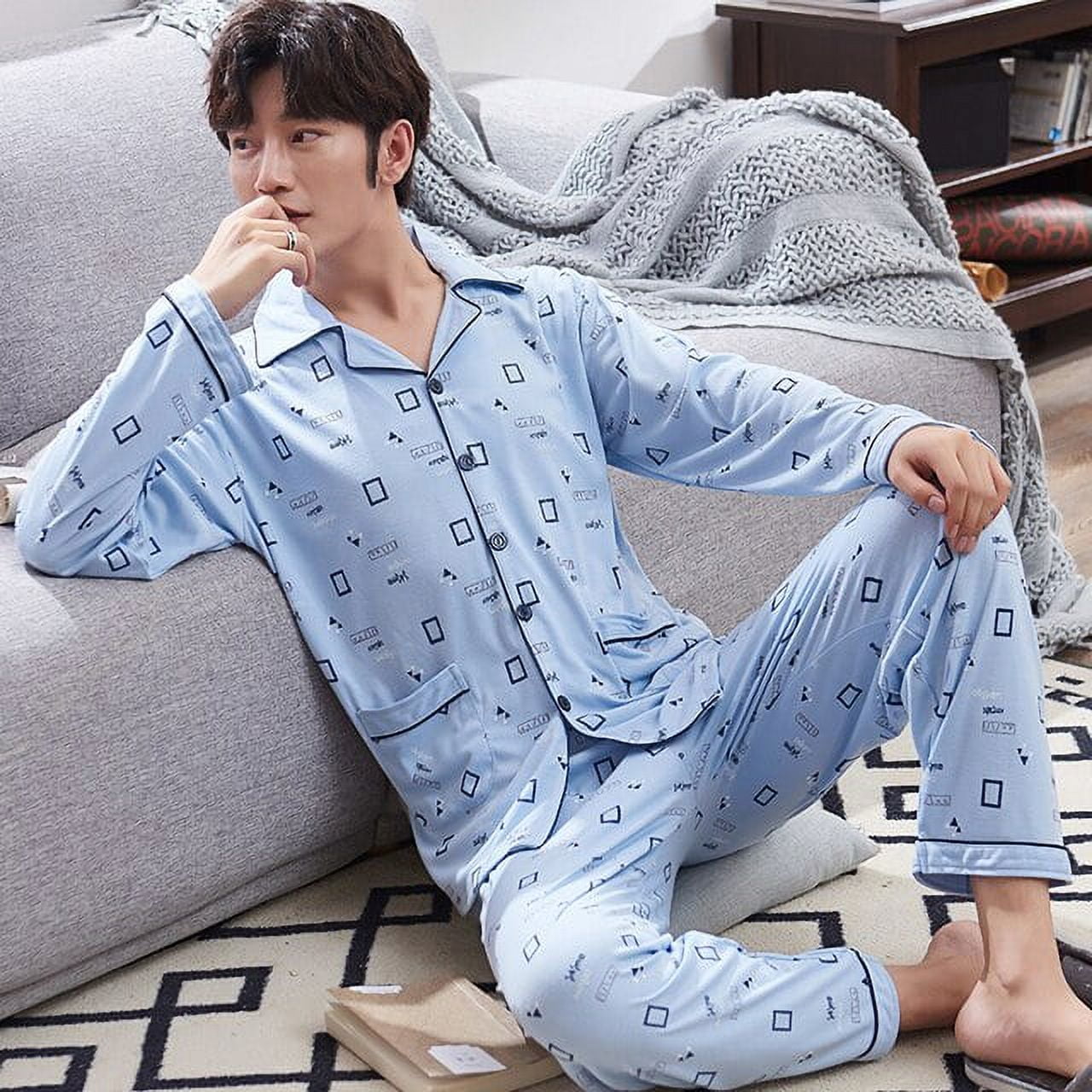 DanceeMangoo Autumn Winter Mens Cotton Pajamas Button Lapel Sleepwear Simple Pajama Sets Casual Sleep Lounge Pyjamas 3XL 4XL Male Pijama Walmart