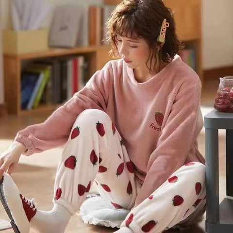 DanceeMangoo Autumn Winter Warm Flannel Women Pyjamas Sets Thick Coral  Velvet Long Sleeve Cartoon Sleepwear Thin Flannel Pajamas Set 