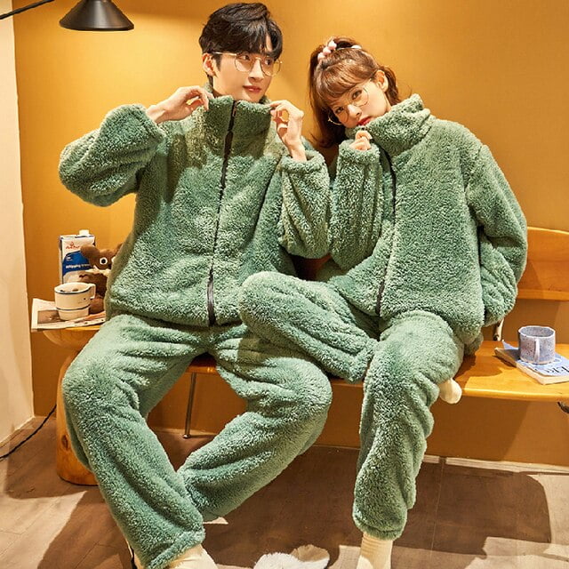 DanceeMangoo Autumn Winter Warm Flannel Zipper Couple Pajamas Set