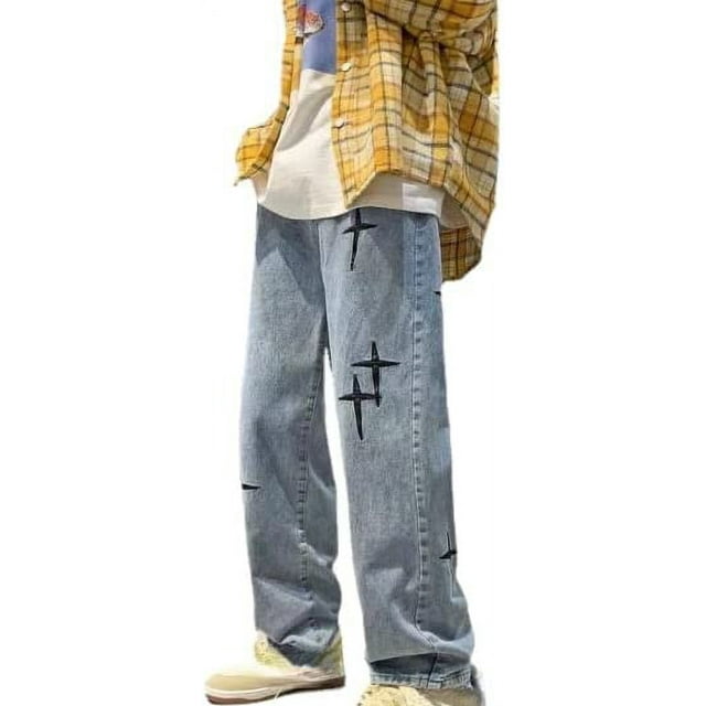 DanceeMangoo Baggy Jeans Mens Y2k Cross Graphic Jeans Wide Leg Grunge