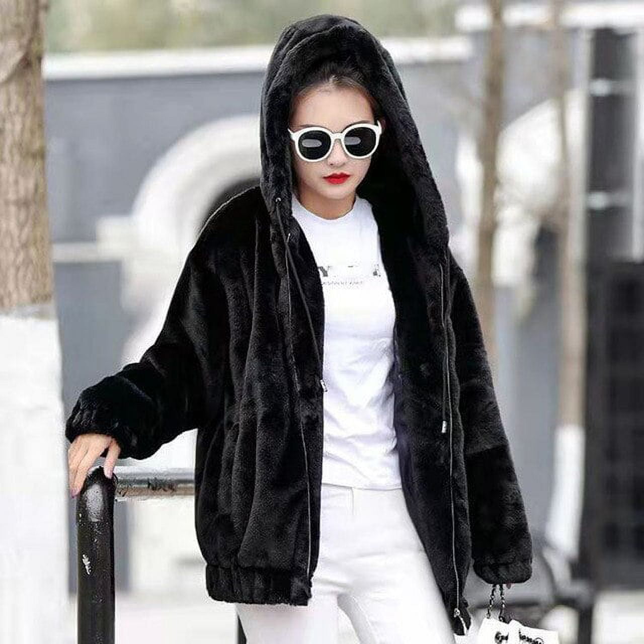 DanceeMangoo Black Gray Faux Rabbit Fur Coat Women Korean Casual Loose  Hoodies Jacket Female Winter Thick Warm Furry Overcoat