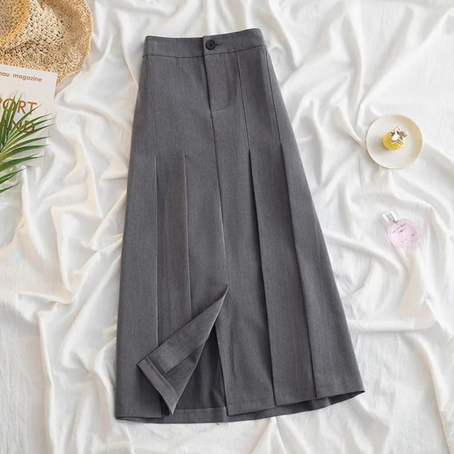 DanceeMangoo Black Gray Pleated Long Skirt for Women Spring Japanese Style High Waist Skirts Woman Office Streetwear Midi Skirt Walmart