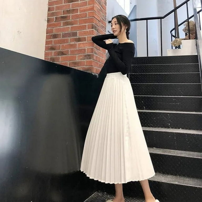 DanceeMangoo Black White High Waist Pleated Skirt for Women Korean