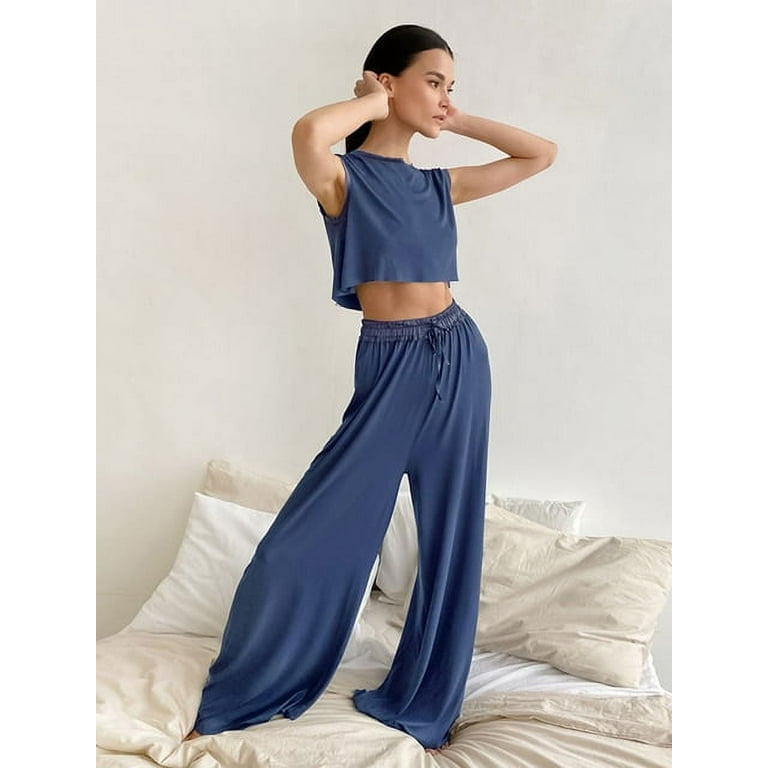 DanceeMangoo Blue Knitted Trouser Suits Sleeveless Crop Top Loose Pajamas  For Women Sets High Waist Pants Sleepwear O Neck Female Set 