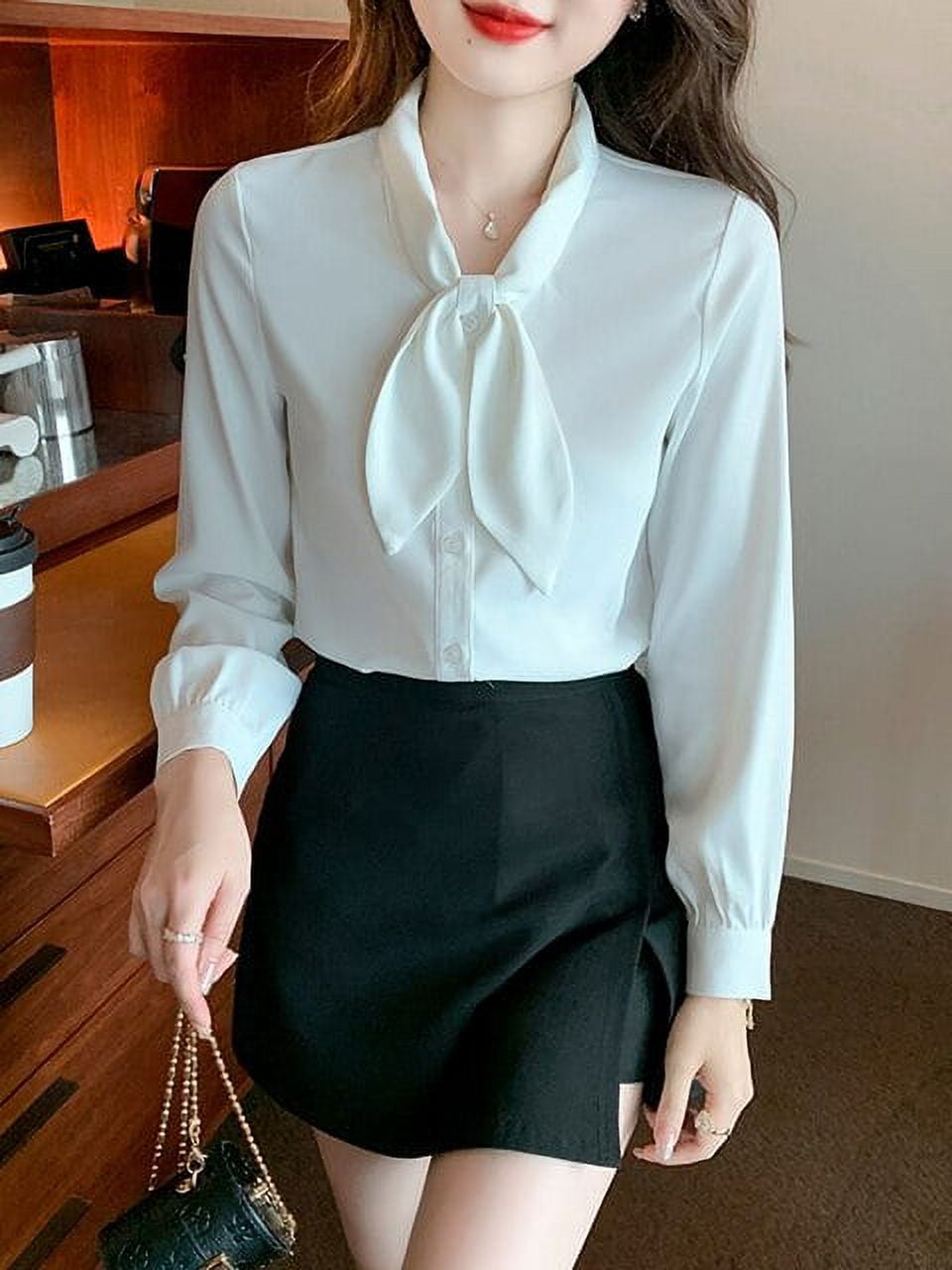 DanceeMangoo Bow Tie Tops Women Korean Style Design Clothes Long Sleeve  Elegant Office Lady Cute Spring Sweet Basic Shirts Blouses 