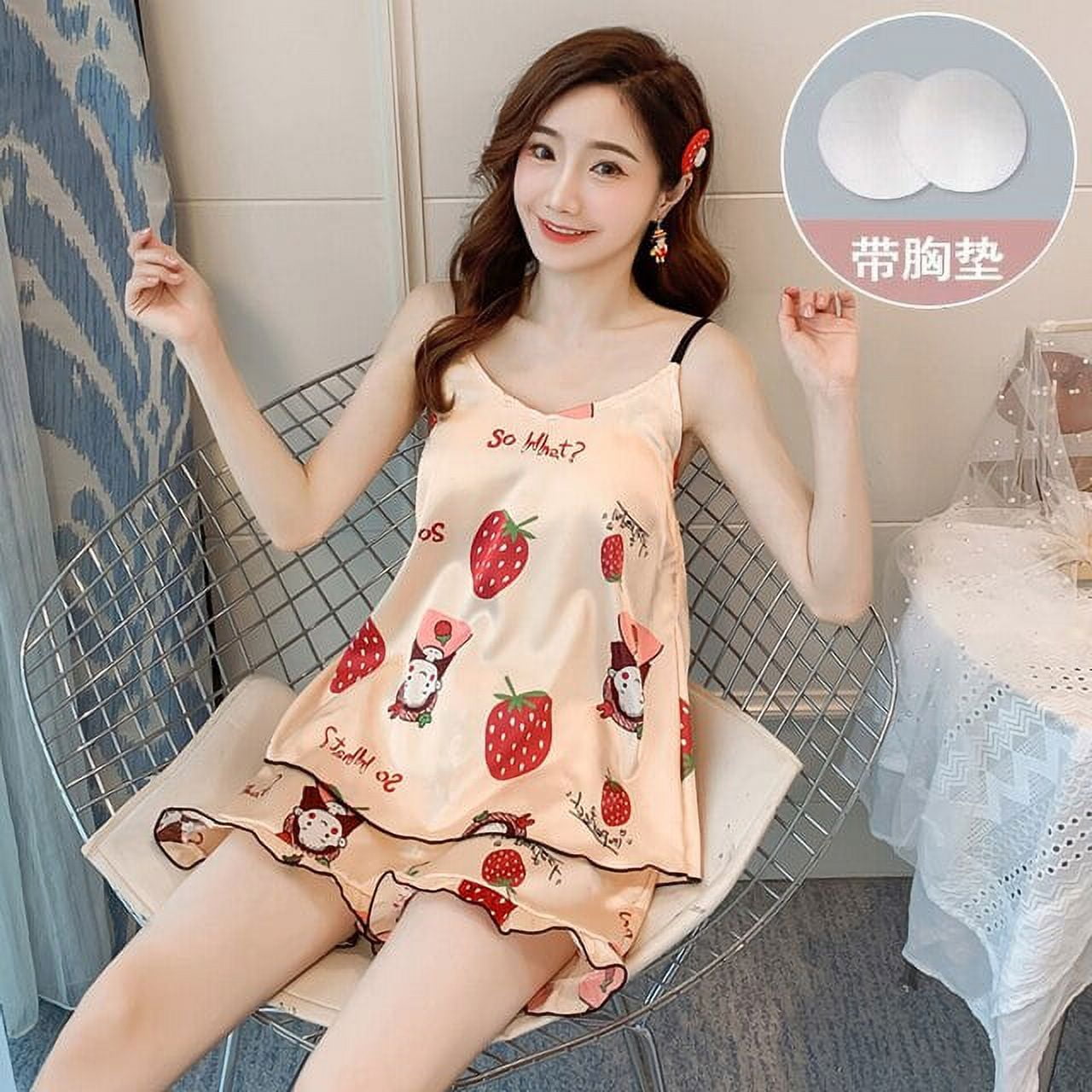 DanceeMangoo Cartoon Print Lovely Sleepwear Home Suit Summer V Neck Sleeveless Sexy Pyjamas Womens Two Piece Silk Pajamas Set with Chest Pad Walmart