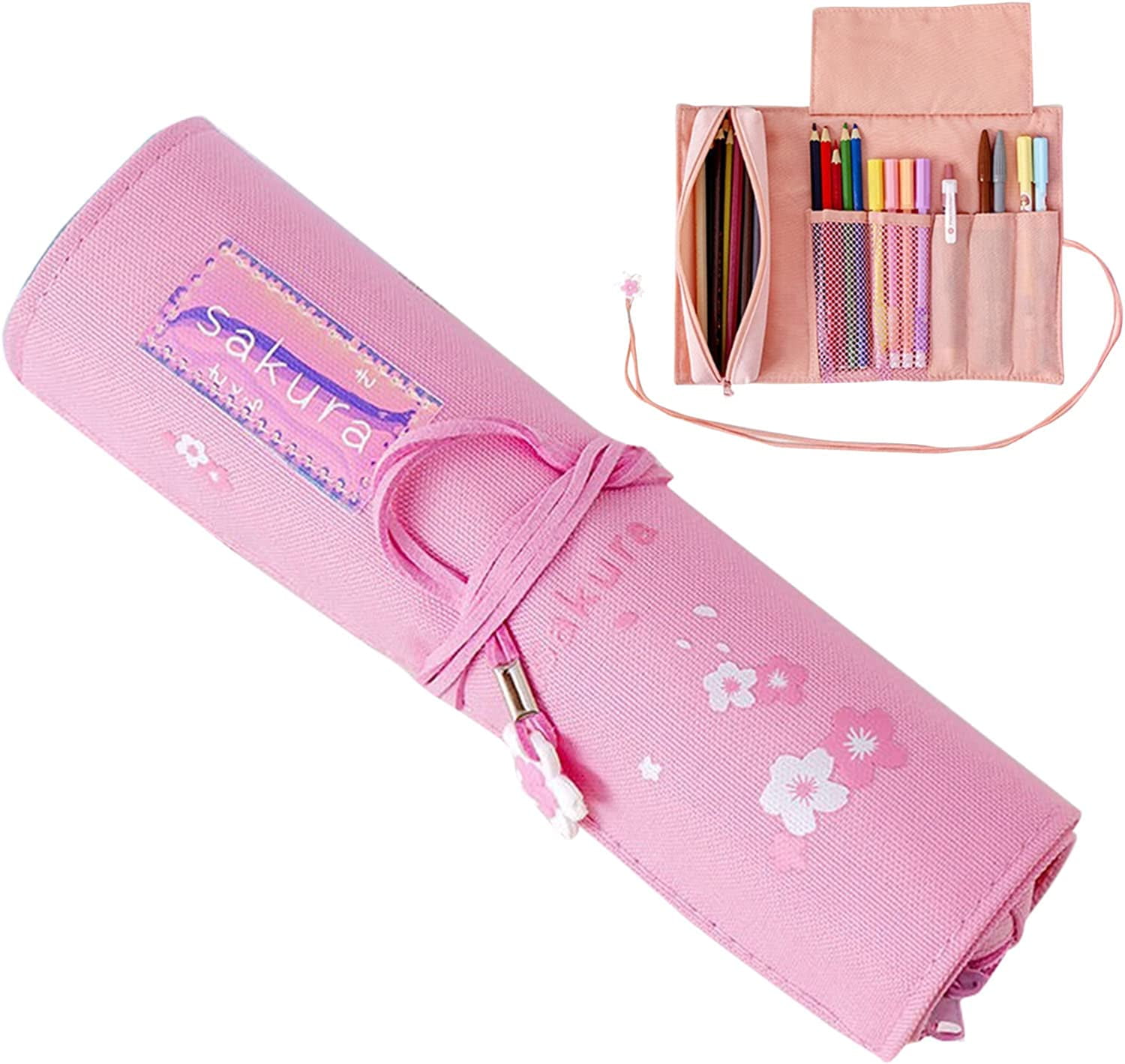 DanceeMangoo Cherry Blossom Roll Pencil Pouch Canvas Sakura Pencil Roll  Wrap Large Capacity Pencil Case for Artist Students (Purple) 