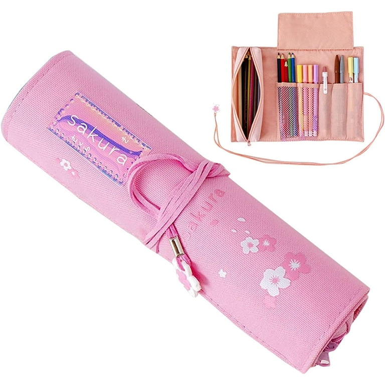 Danceemangoos Danceemangoo Cherry Blossom Roll Pencil Pouch Canvas Sakura Pencil Roll Wrap Large Capacity Pencil Case for Artist Students (Pink), Size: One