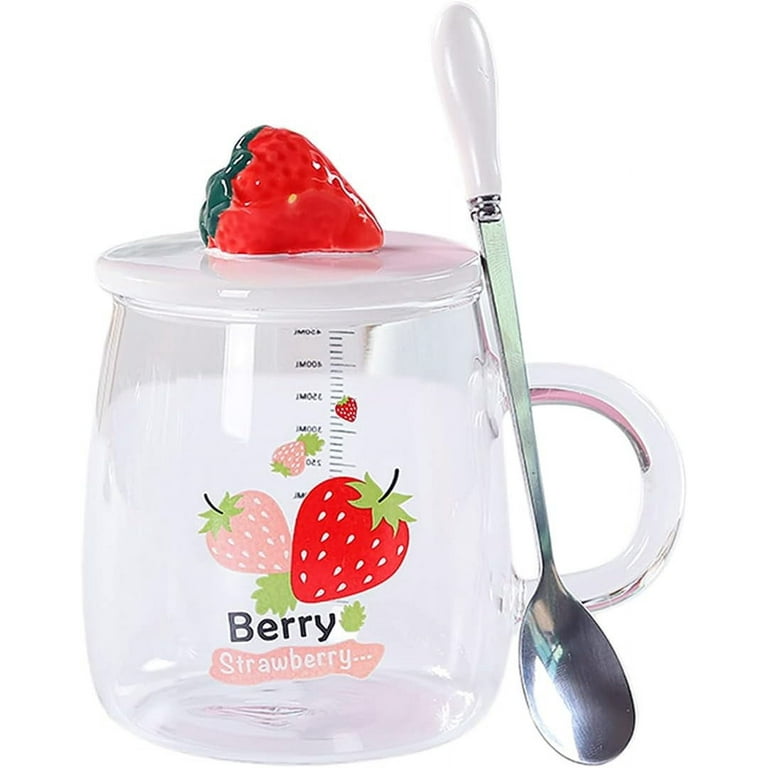 Clear Glass Mug With Lid And Straw, 15 Oz Drinking Glass Juice Cup, Cute  Strawberry Pattern