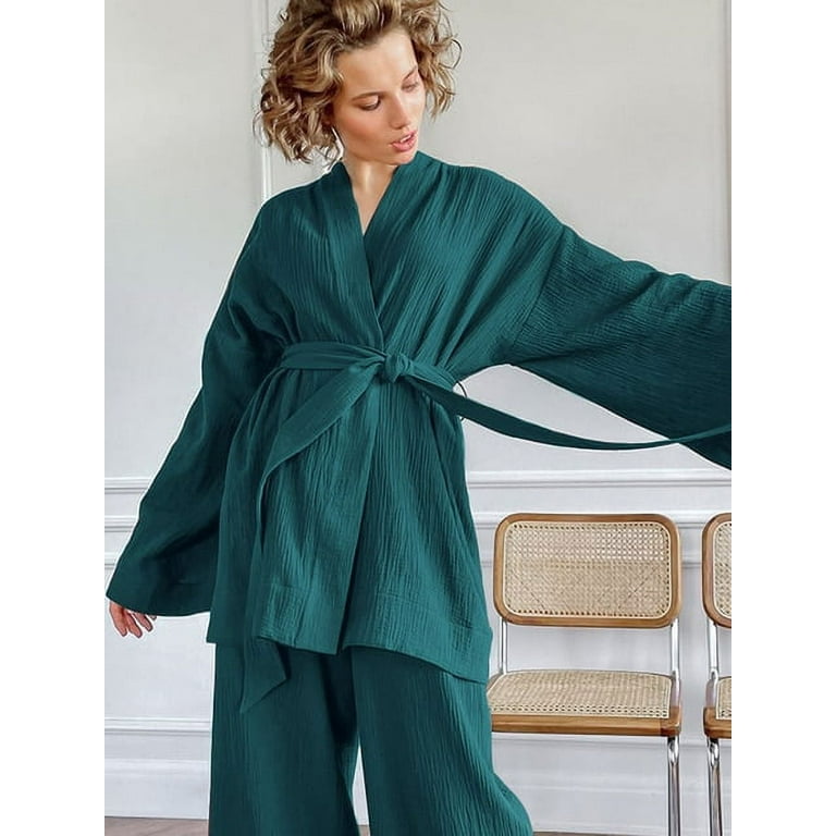 DanceeMangoo Cotton Sleepwear Women Pajama Robe Sets Flare Sleeve