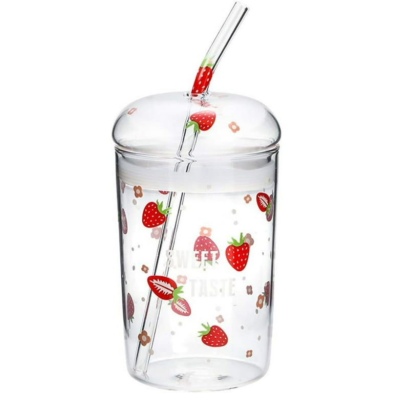 DanceeMangoo Cute Strawberry Clear Glass Tumbler with Lid and Straw, 16 Oz