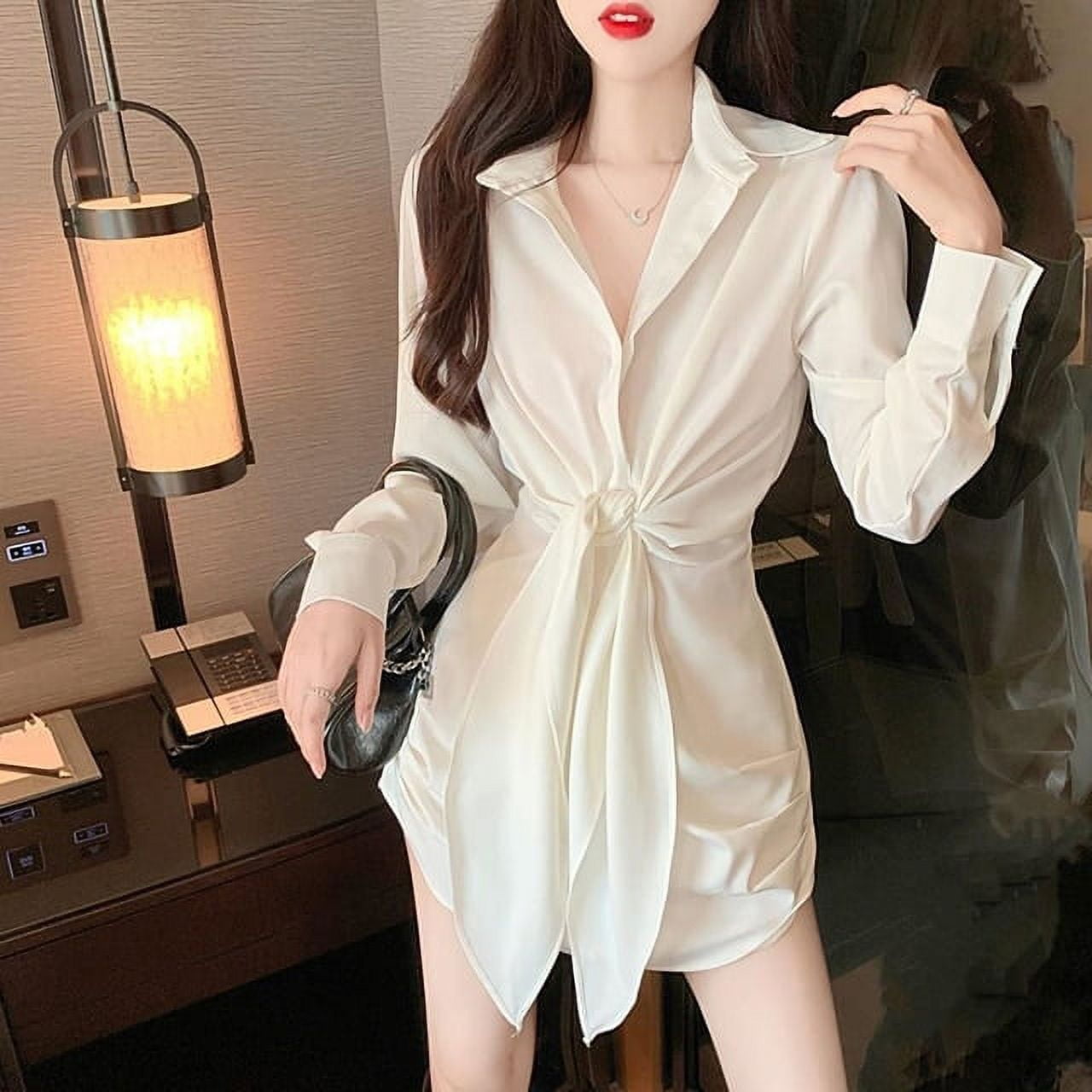 DanceeMangoo Elegant High Waist Pleated Dress Women Korean Fashion with  Belt Shirt Dresses Female Autumn Long Sleeve Midi Dress