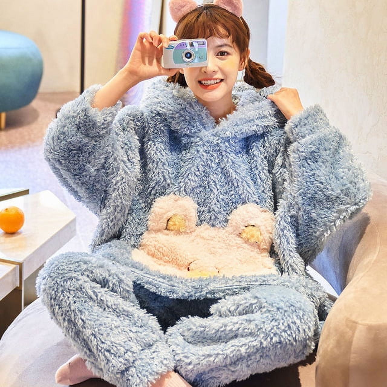 DanceeMangoo FUNISHI Winter Pajamas Cartoon Loose Version Hooded Pajama Set  Inspissate Women Sleepwear Keep Warm Plush Plus Size 3XL Nighty 