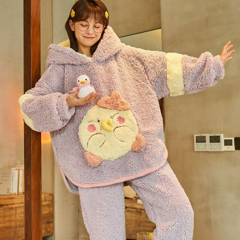 DanceeMangoo FUNISHI Winter Pajamas Cartoon Loose Version Hooded Pajama Set  Inspissate Women Sleepwear Keep Warm Plush Plus Size 3XL Nighty